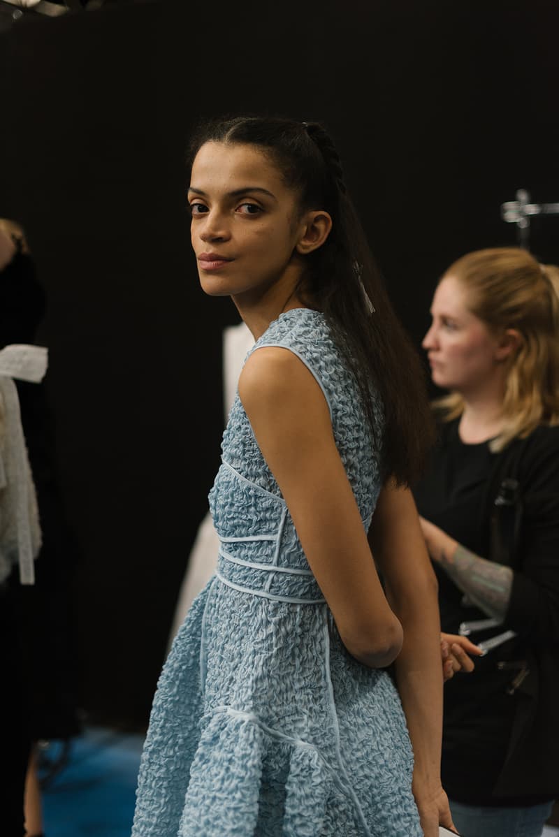 Cecilie Bahnsen FW20 Fall Winter 2020 Collection Runway Show Fitting Backstage Danish Designer Copenhagen Fashion Week Blue Dress Model