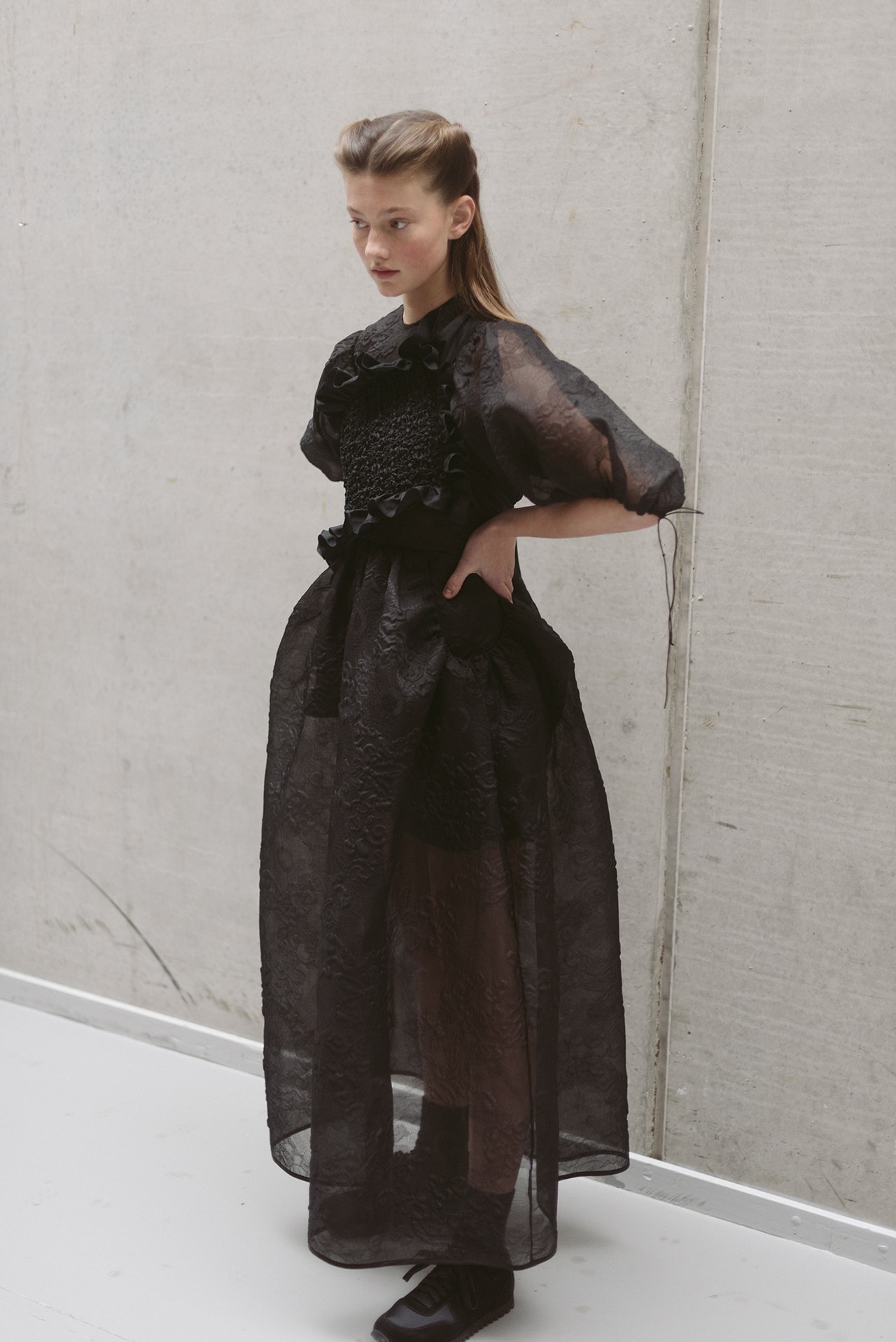 Cecilie Bahnsen FW20 Fall Winter 2020 Collection Runway Show Fitting Backstage Danish Designer Copenhagen Fashion Week Black Dress Model