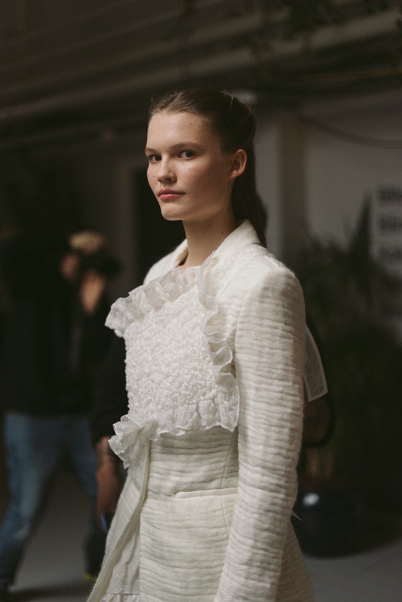 Cecilie Bahnsen FW20 Fall Winter 2020 Collection Runway Show Fitting Backstage Danish Designer Copenhagen Fashion Week White Dress Model