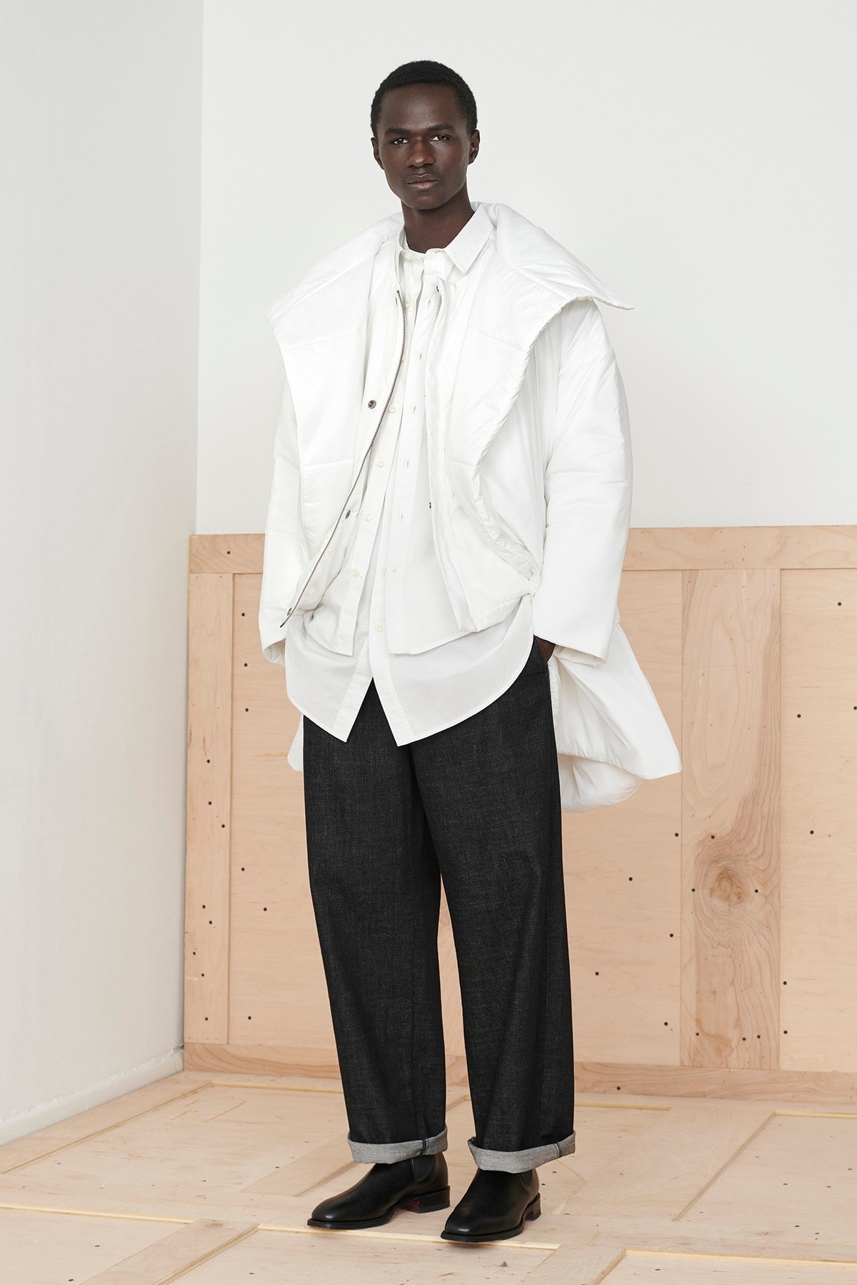 Eileen Fisher x Nordstrom Olivia Kim Sustainable Collection Nylon Coat Poplin Shirt White Wide Leg Pants Denim