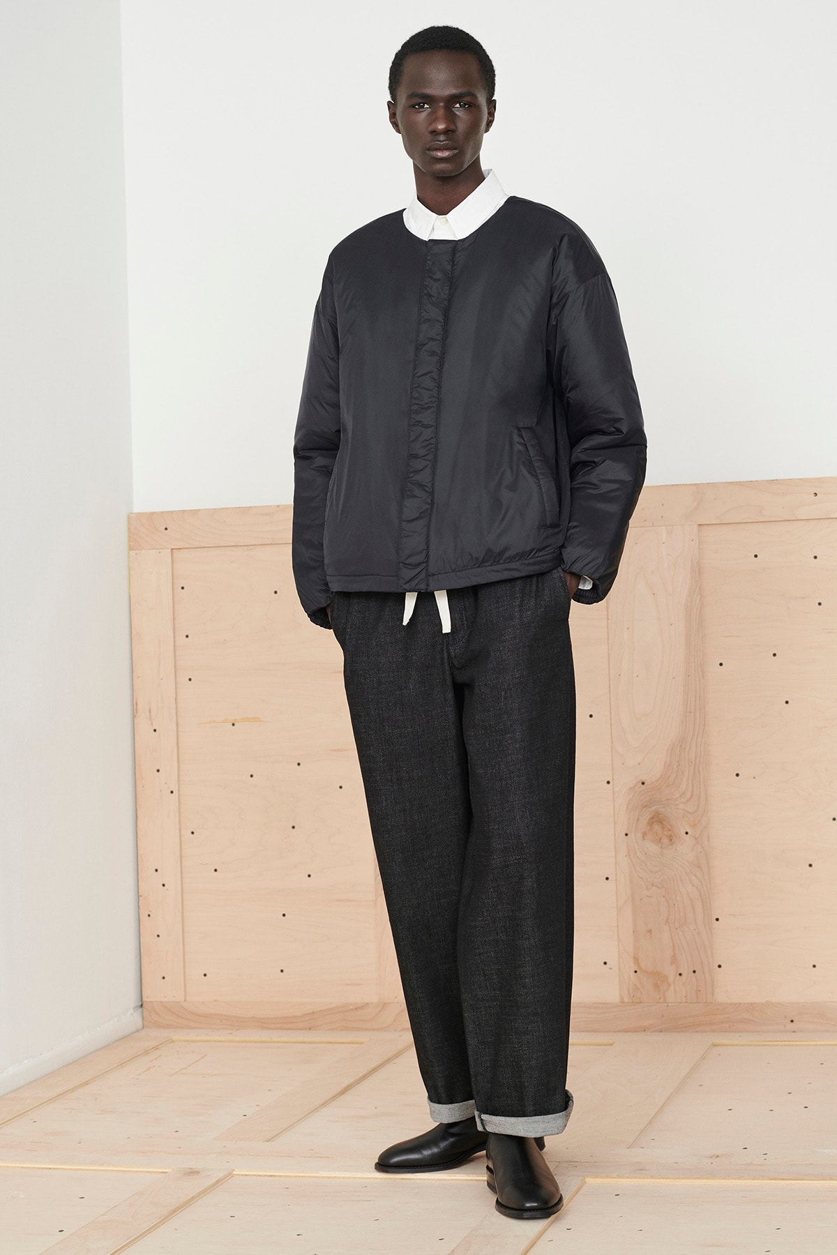 Eileen Fisher x Nordstrom Olivia Kim Sustainable Collection Nylon Flight Jacket Black Wide Leg Pants Denim