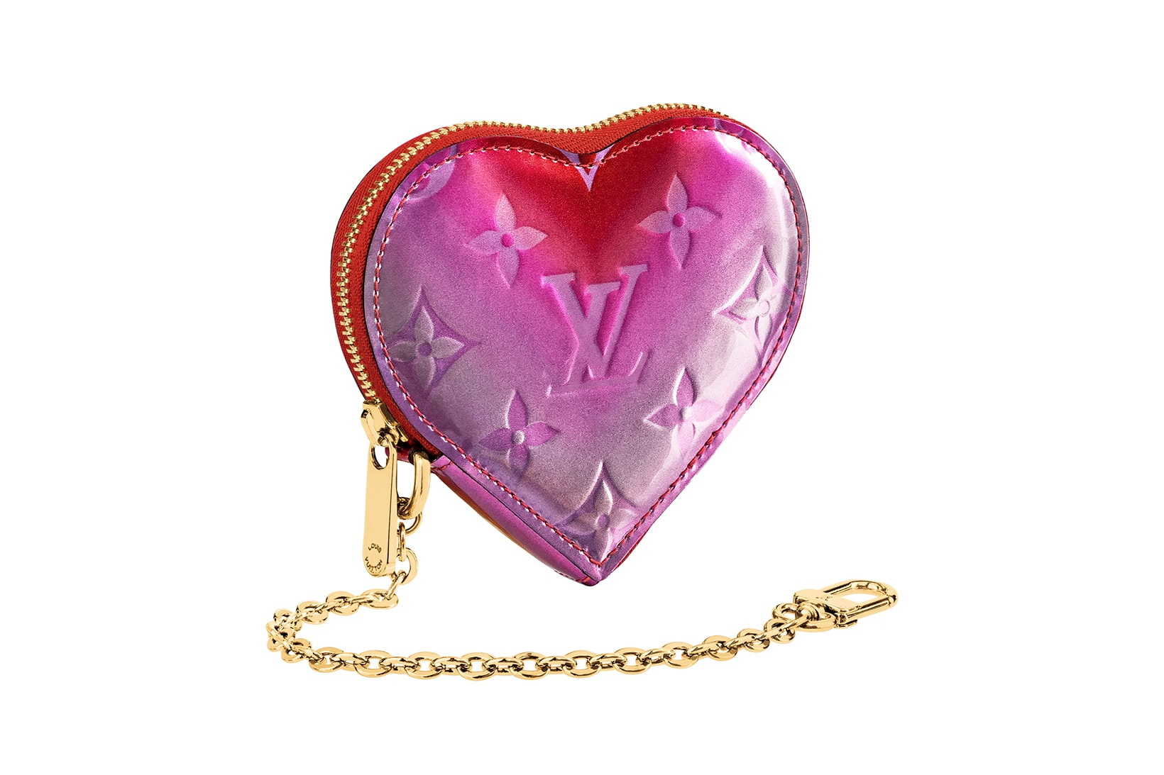 louis vuitton heart coin purse metallic pink red valentines day gold chain