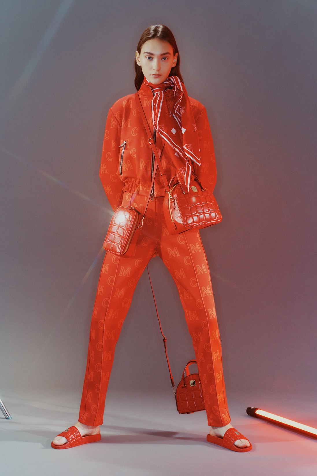 MCM Spring/Summer 2020 Collection Lookbook Track Jacket Pants Scarf Slides Orange Red