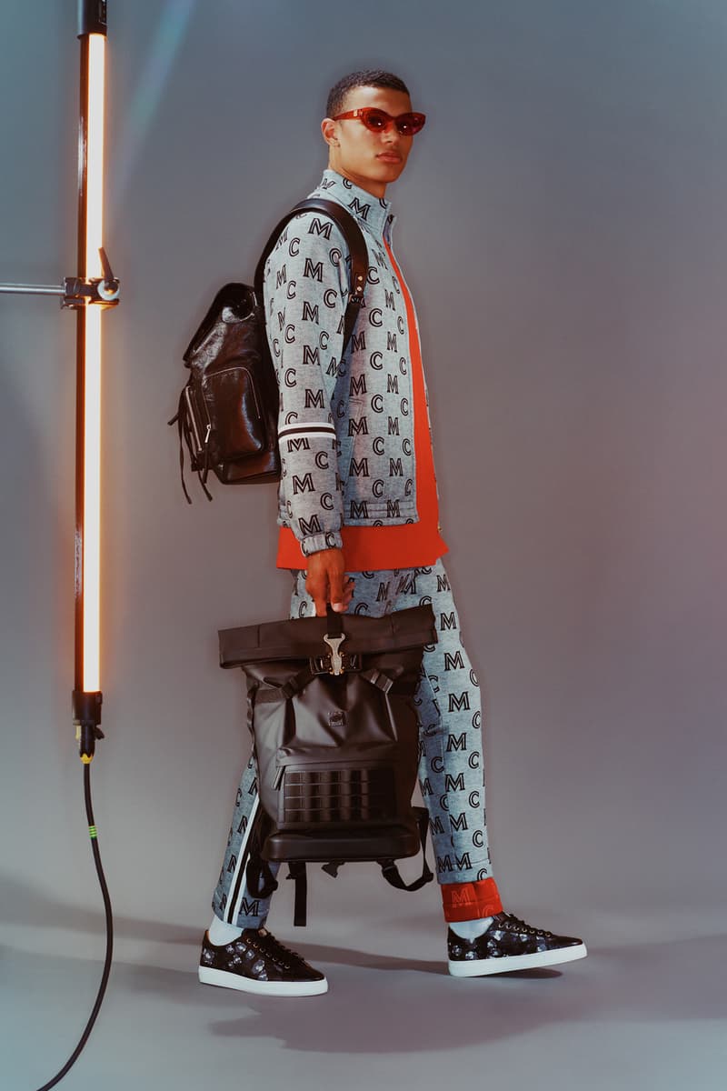 MCM Spring/Summer 2020 Collection Lookbook Logo Jacket Pants Grey Backpack Black