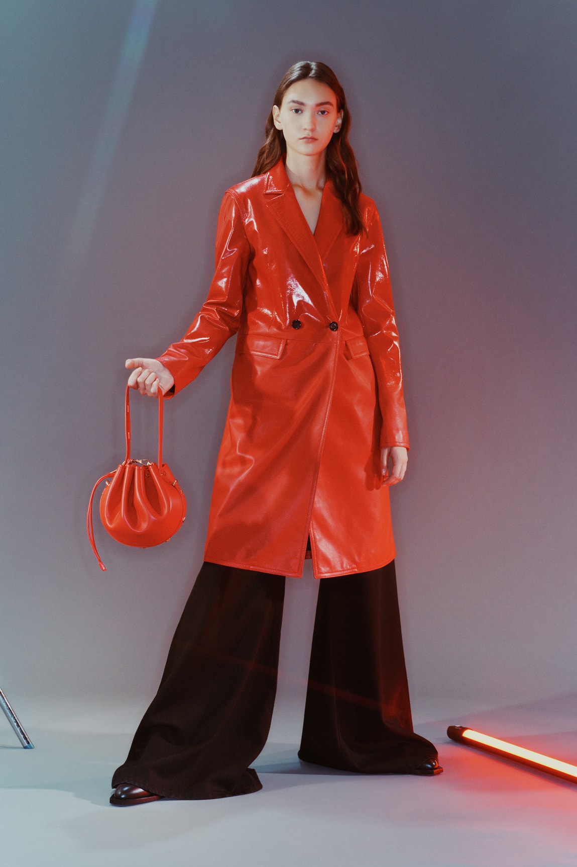 MCM Spring/Summer 2020 Collection Lookbook Trench Coat Leather Drawstring Bag Red Orange