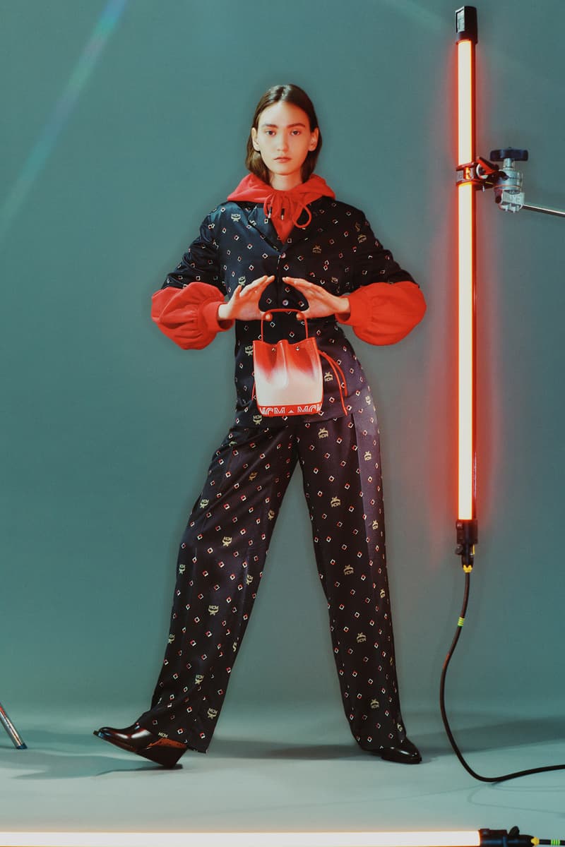 MCM Spring/Summer 2020 Collection Lookbook Print Shirt Pants Black Print Hoodie Bucket Bag Red Orange