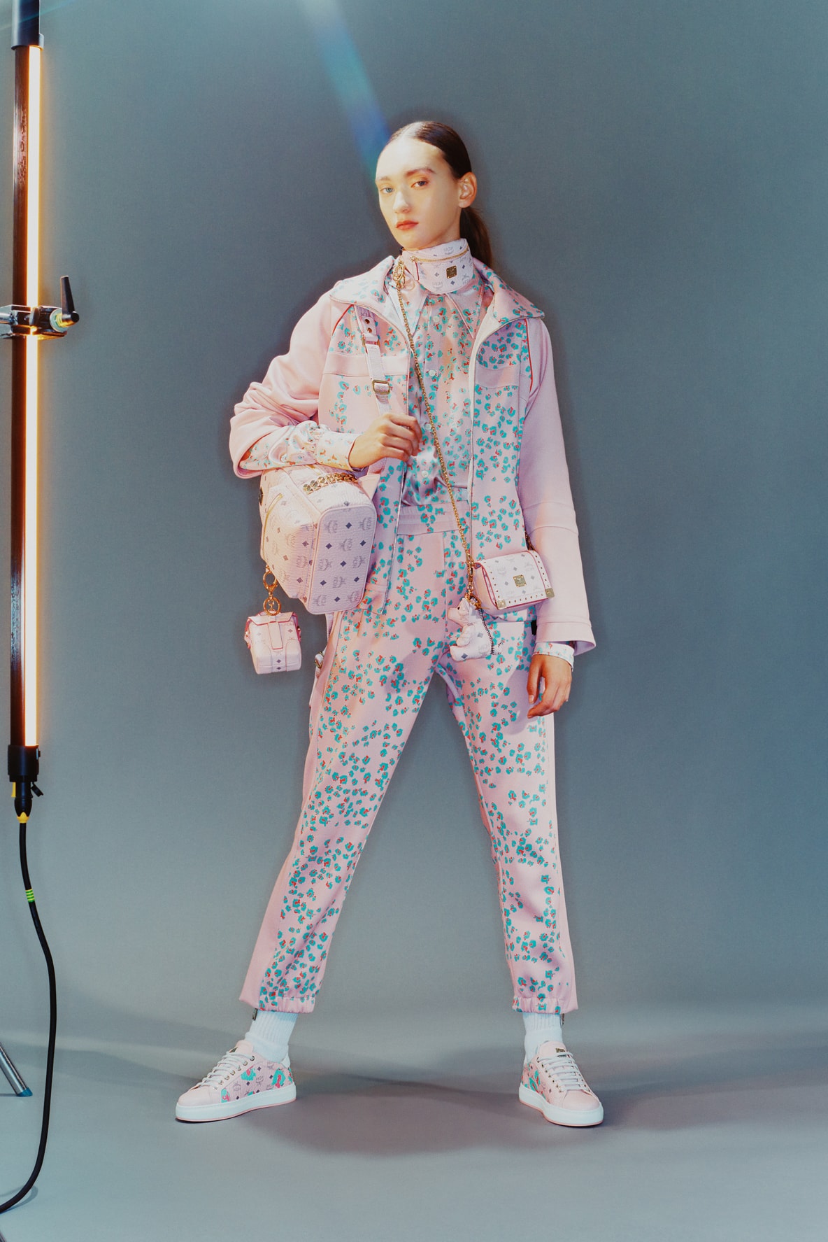 MCM Spring/Summer 2020 Collection Lookbook Print Jacket Pants Visetos Mini Bag Pink