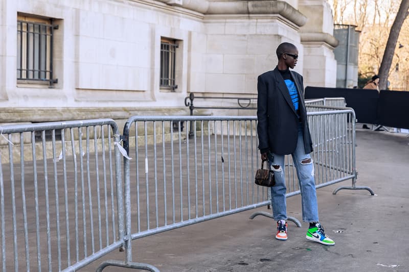 paris couture week spring summer street style adut akech bottega veneta nike air jordan 1 mid melody ehsani collaboration snakers designer bags blazer jeans pants coats outwear shades sunglasses