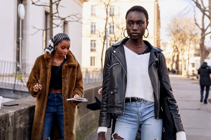 paris couture week spring summer street style adut akech bottega veneta nike air jordan 1 mid melody ehsani collaboration snakers designer bags blazer jeans pants coats outwear shades sunglasses