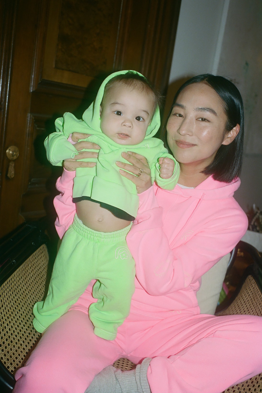 sandy liang two bridges collaboration limited edition hoodies sweatpants sets neon green pink greta lee