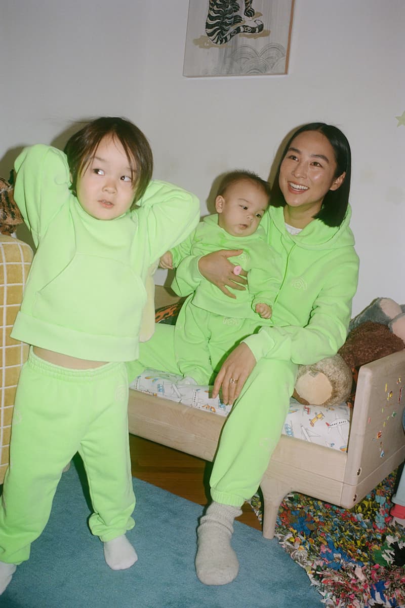 sandy liang two bridges collaboration limited edition hoodies sweatpants sets neon green pink greta lee