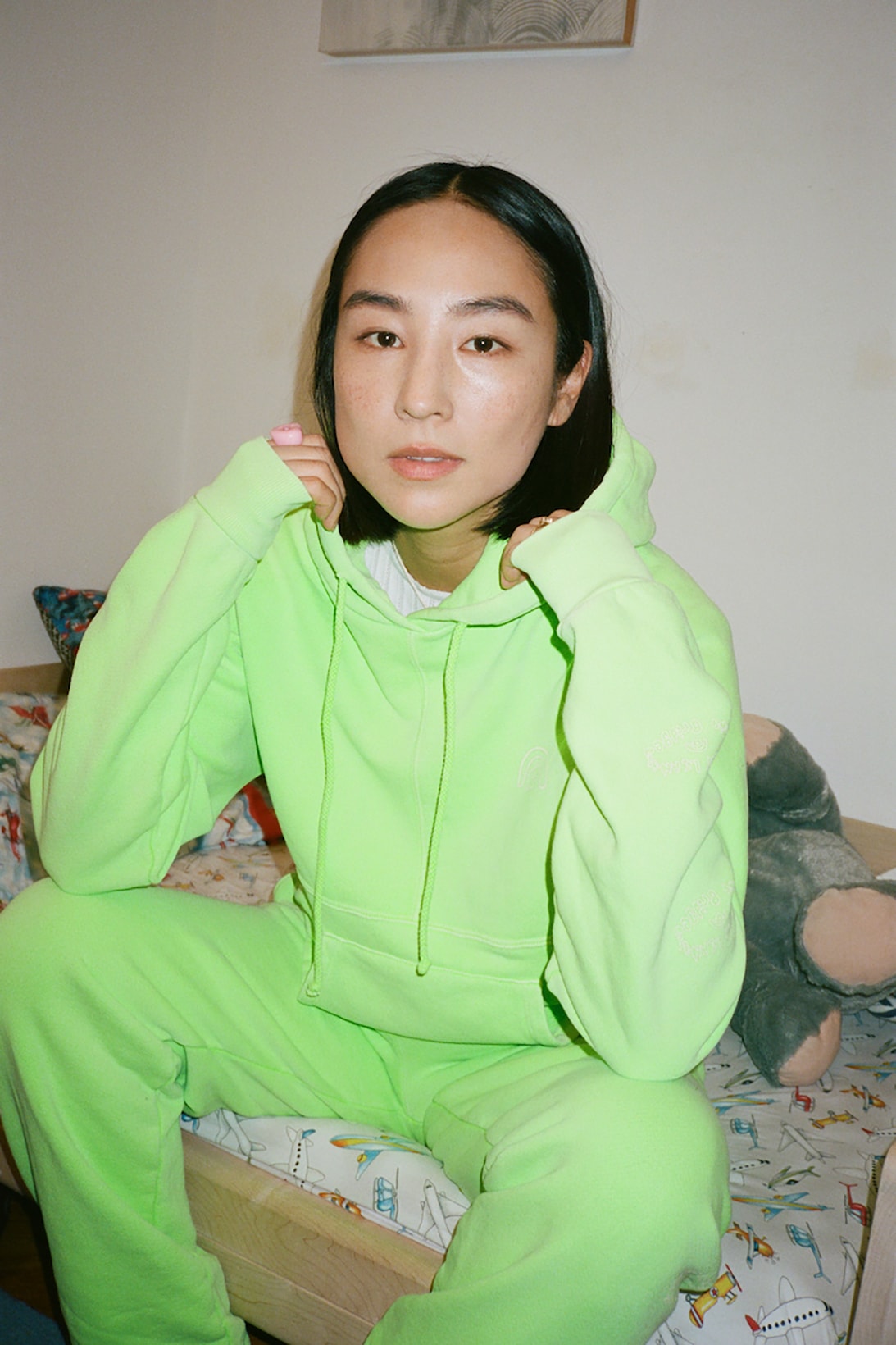 sandy liang two bridges collaboration limited edition hoodies sweatpants sets neon green pink greta lee