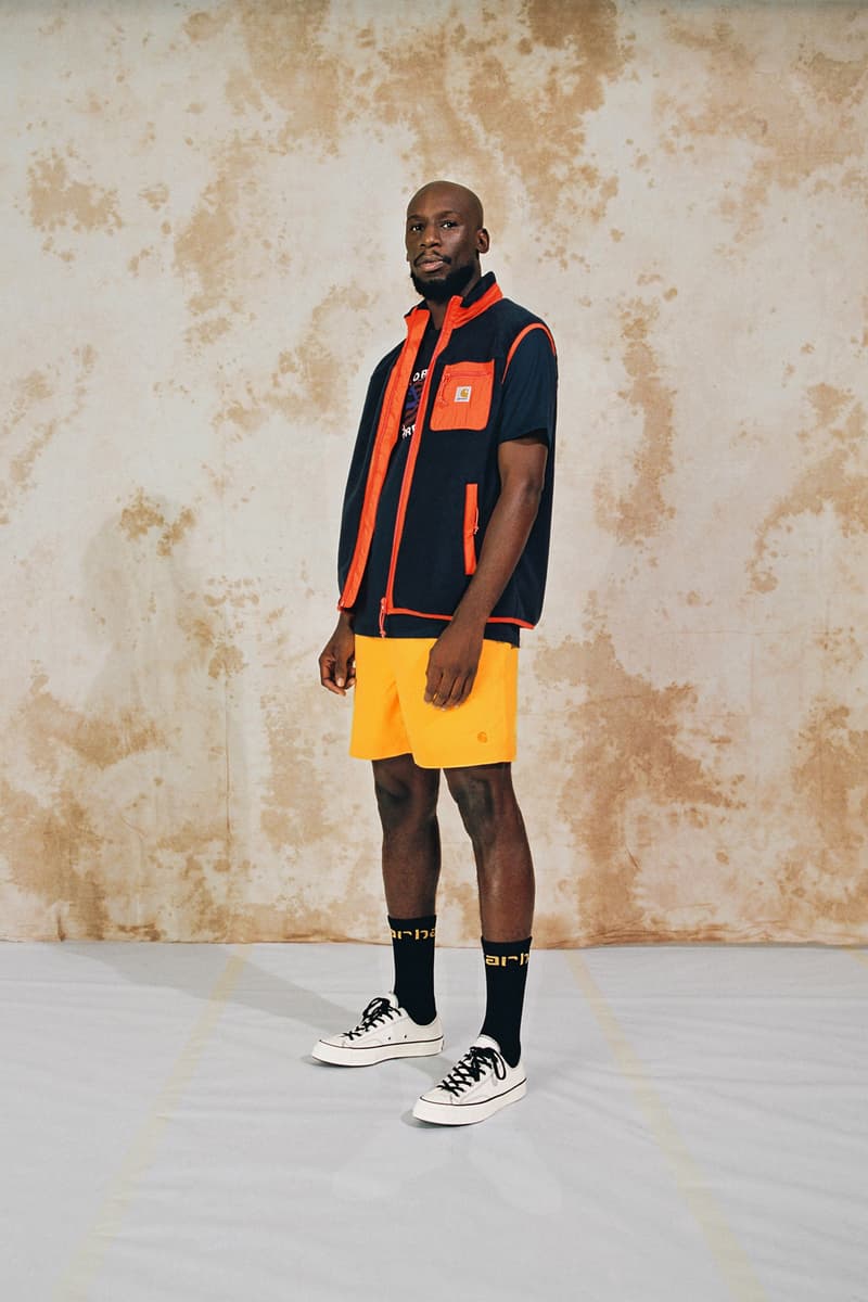 Carhartt WIP Spring/Summer 2020 Collection Prentis Vest Liner Navy/Clockwork Chase Swim Trunks Sunflower