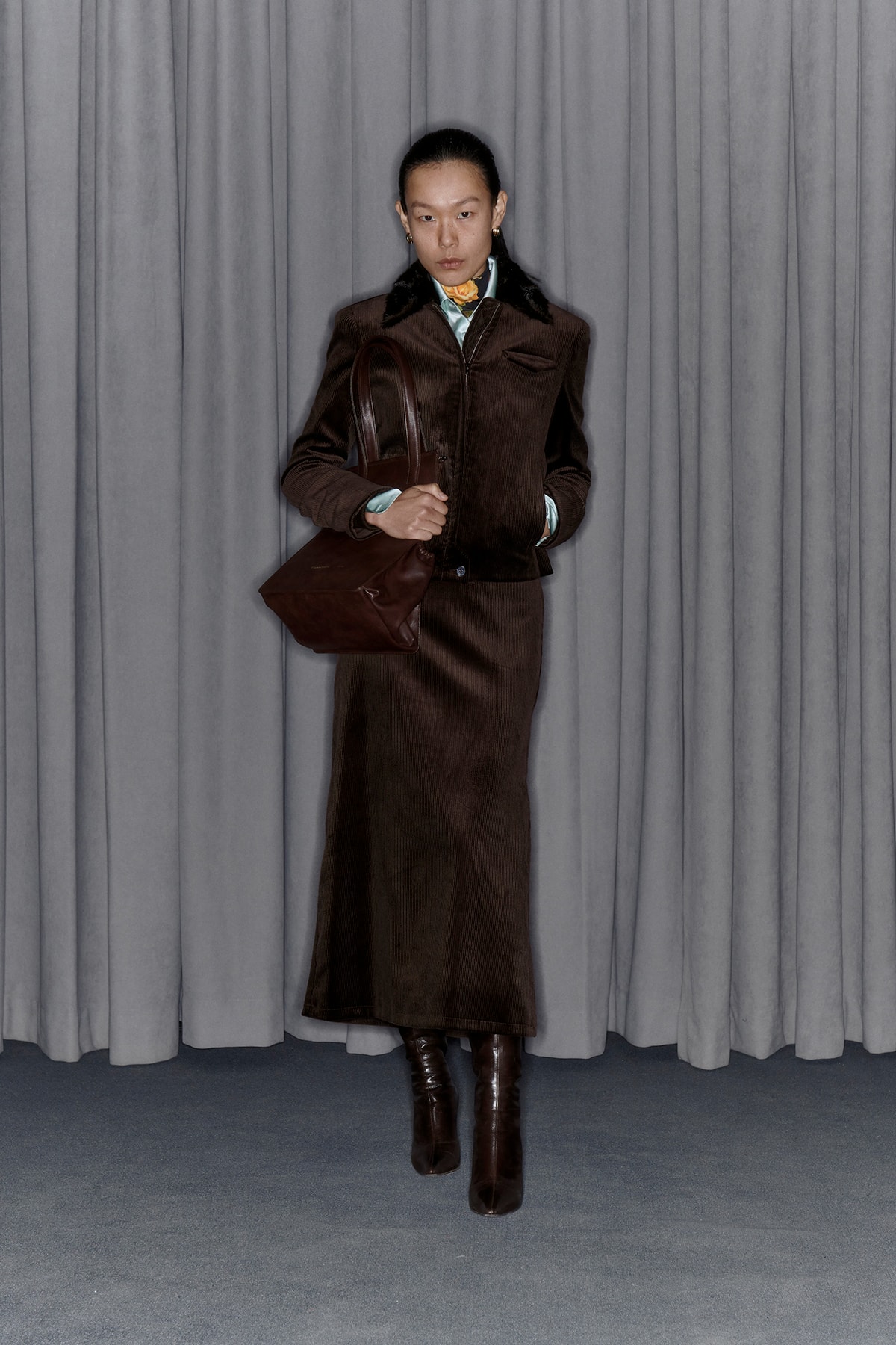 Commission Fall/Winter 2020 Collection Lookbook Suede Suit Brown