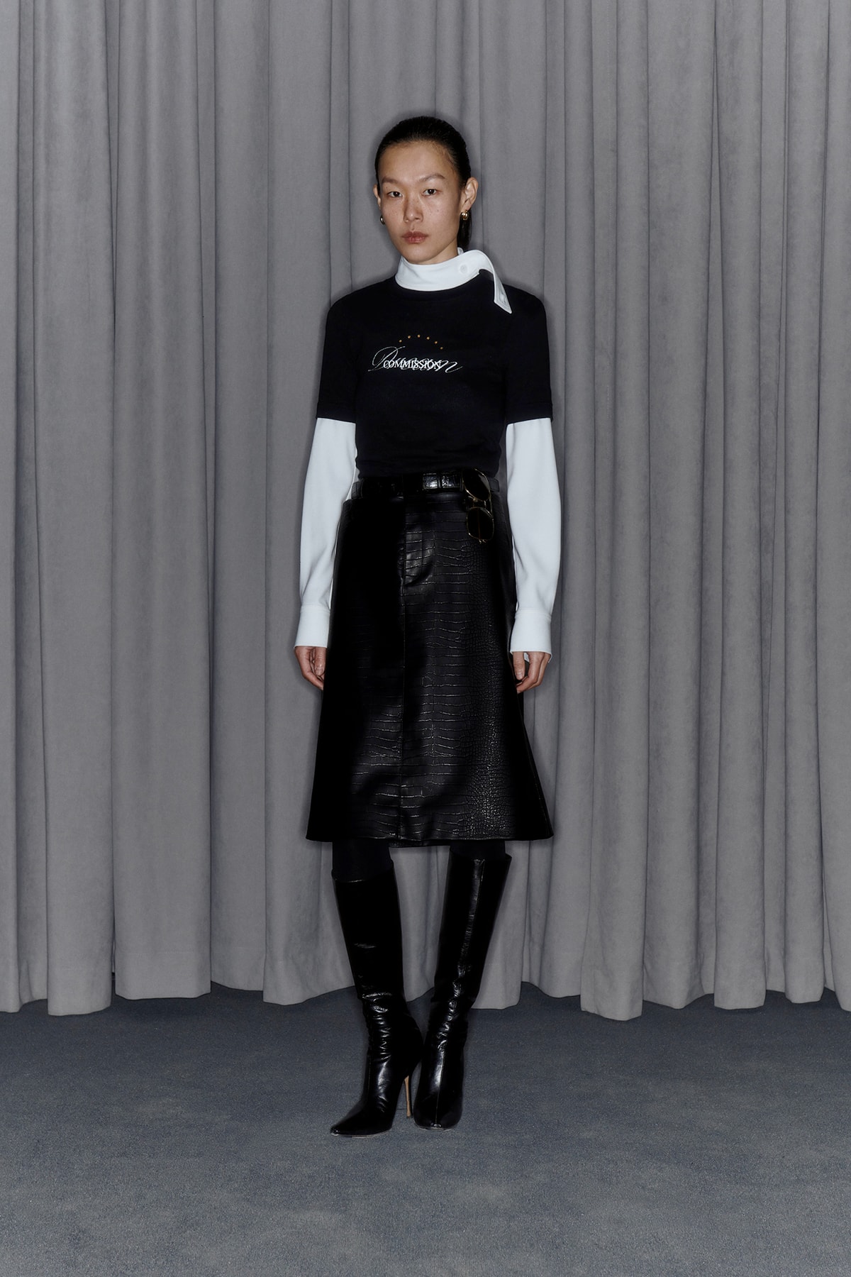 Commission Fall/Winter 2020 Collection Lookbook T-Shirt Leather Skirt Black