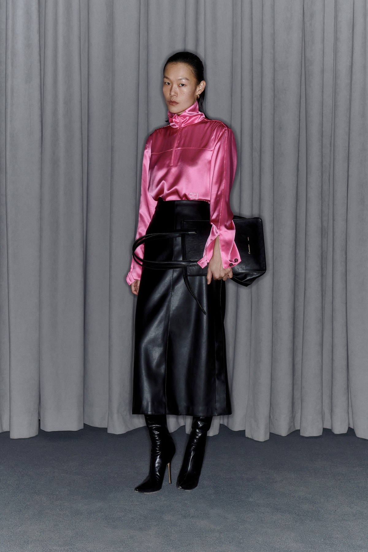 Commission Fall/Winter 2020 Collection Lookbook Silk Top Pink Leather Skirt