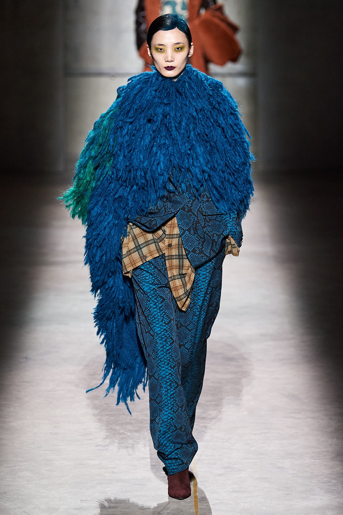 Dries Van Noten Fall/Winter 2020 Collection Runway Show Feather Cape Blue