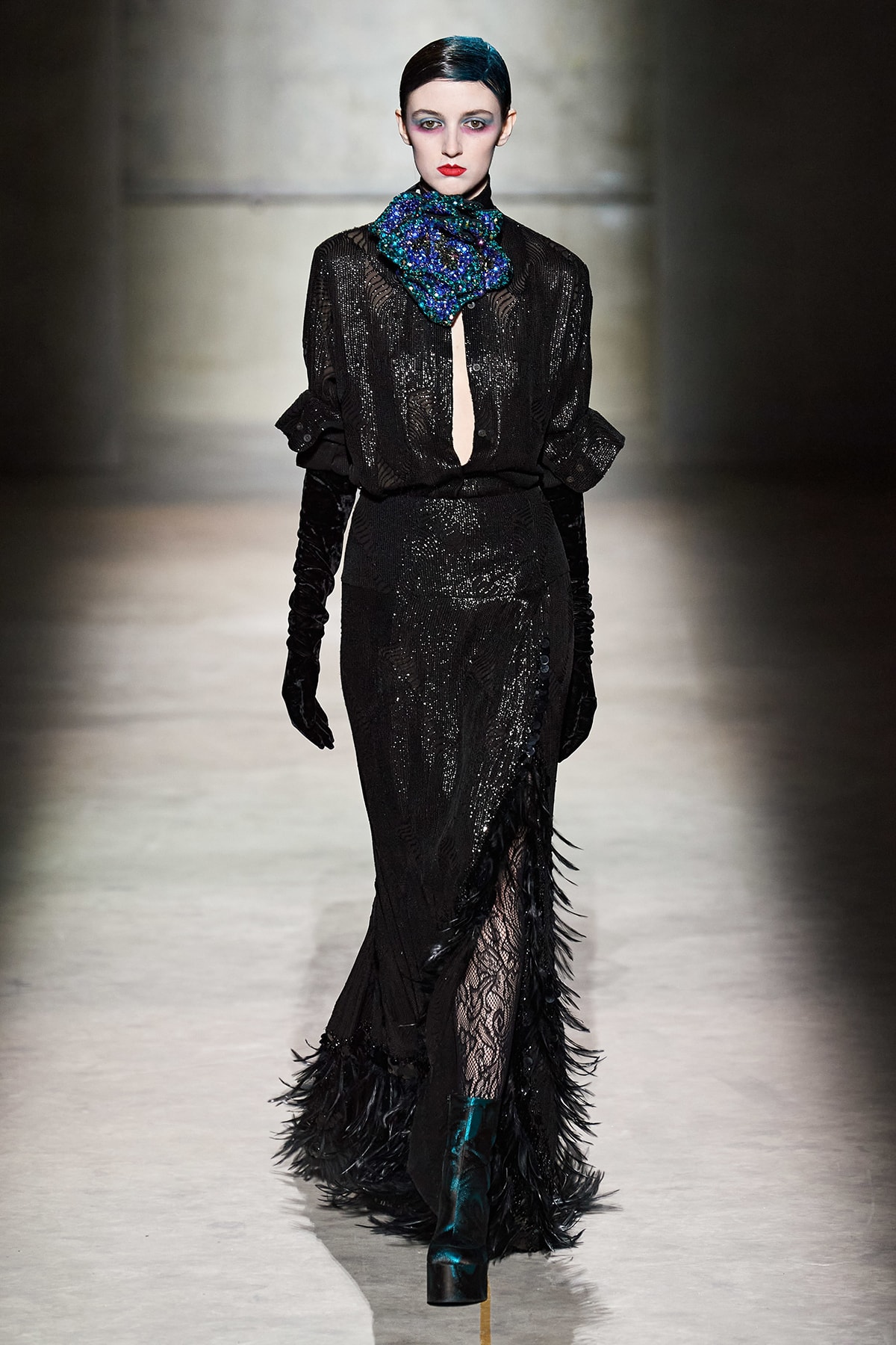 Dries Van Noten Fall/Winter 2020 Collection Runway Show Sheer Feather Dress Black