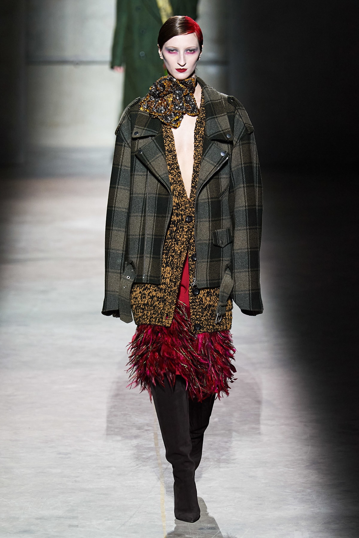 Dries Van Noten Fall/Winter 2020 Collection Runway Show Plaid Jacket Feather Skirt