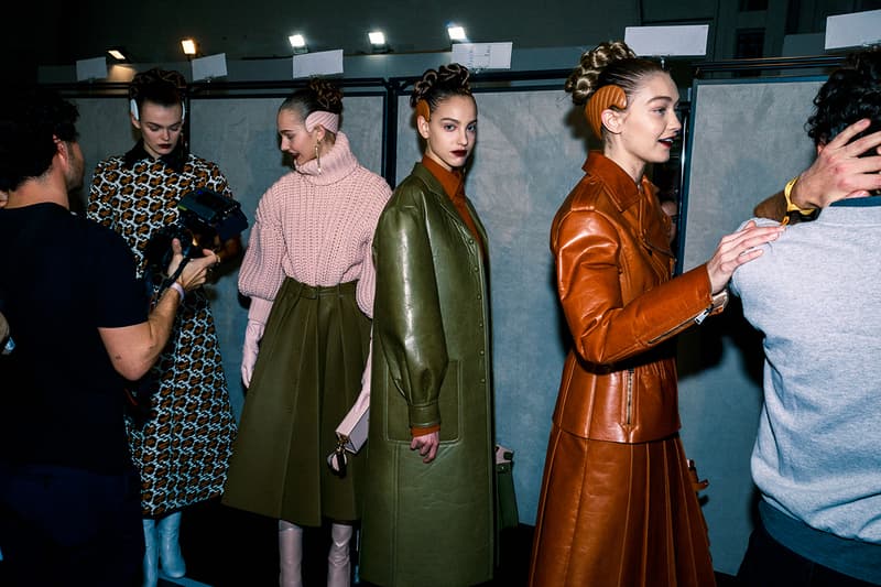 Fendi Fall Winter 2020 FW20 Silvia Venturini Milan Fashion Week Runway Show Backstage Models Gigi Hadid Jacket Coat Leather