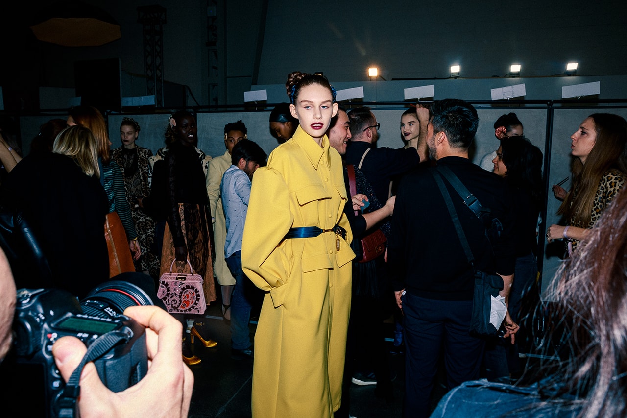 Fendi Fall Winter 2020 FW20 Silvia Venturini Milan Fashion Week Runway Show Backstage Model Yellow Coat