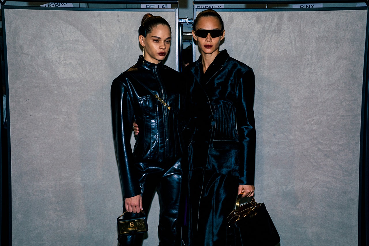 Fendi Fall Winter 2020 FW20 Silvia Venturini Milan Fashion Week Runway Show Backstage Models Black Leather Jacket Sunglasses