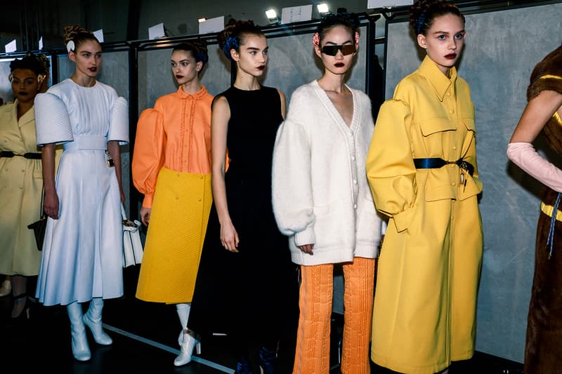 Fendi Fall Winter 2020 FW20 Silvia Venturini Milan Fashion Week Runway Show Backstage Models Yellow Orange White Dress Skirt Top Sunglasses Belt Accessories