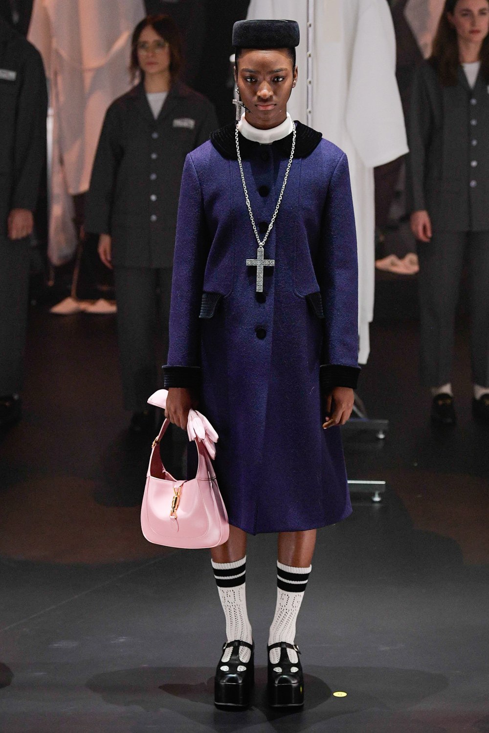 Gucci Fall/Winter 2020 Collection Runway Show Coat Navy Cross Necklace