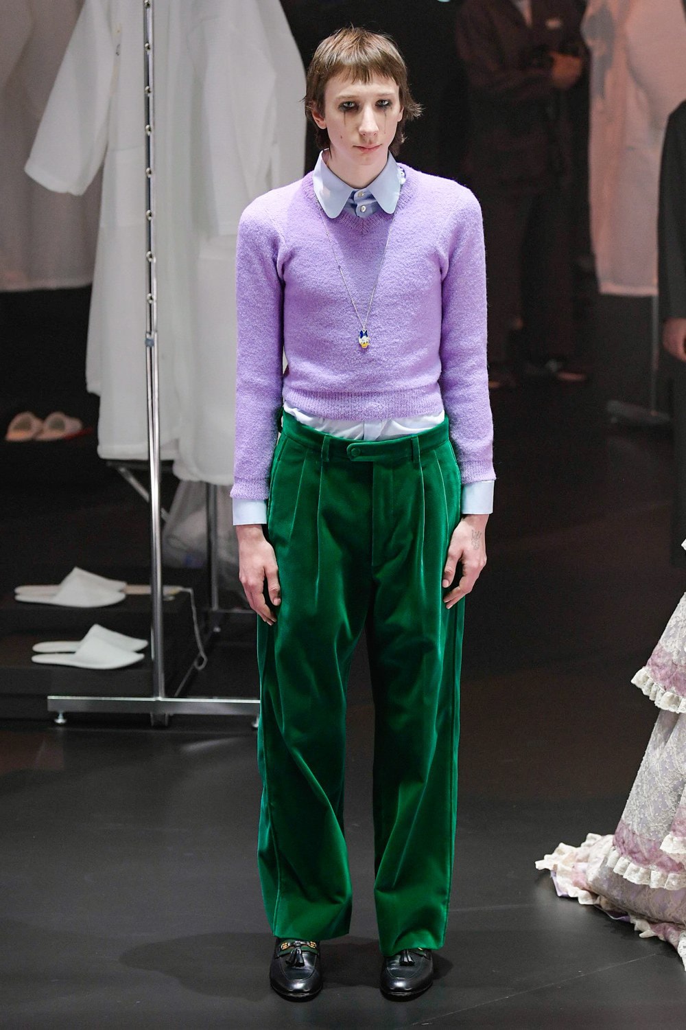 Gucci Fall/Winter 2020 Collection Runway Show Sweater Purple Velvet Pants Green