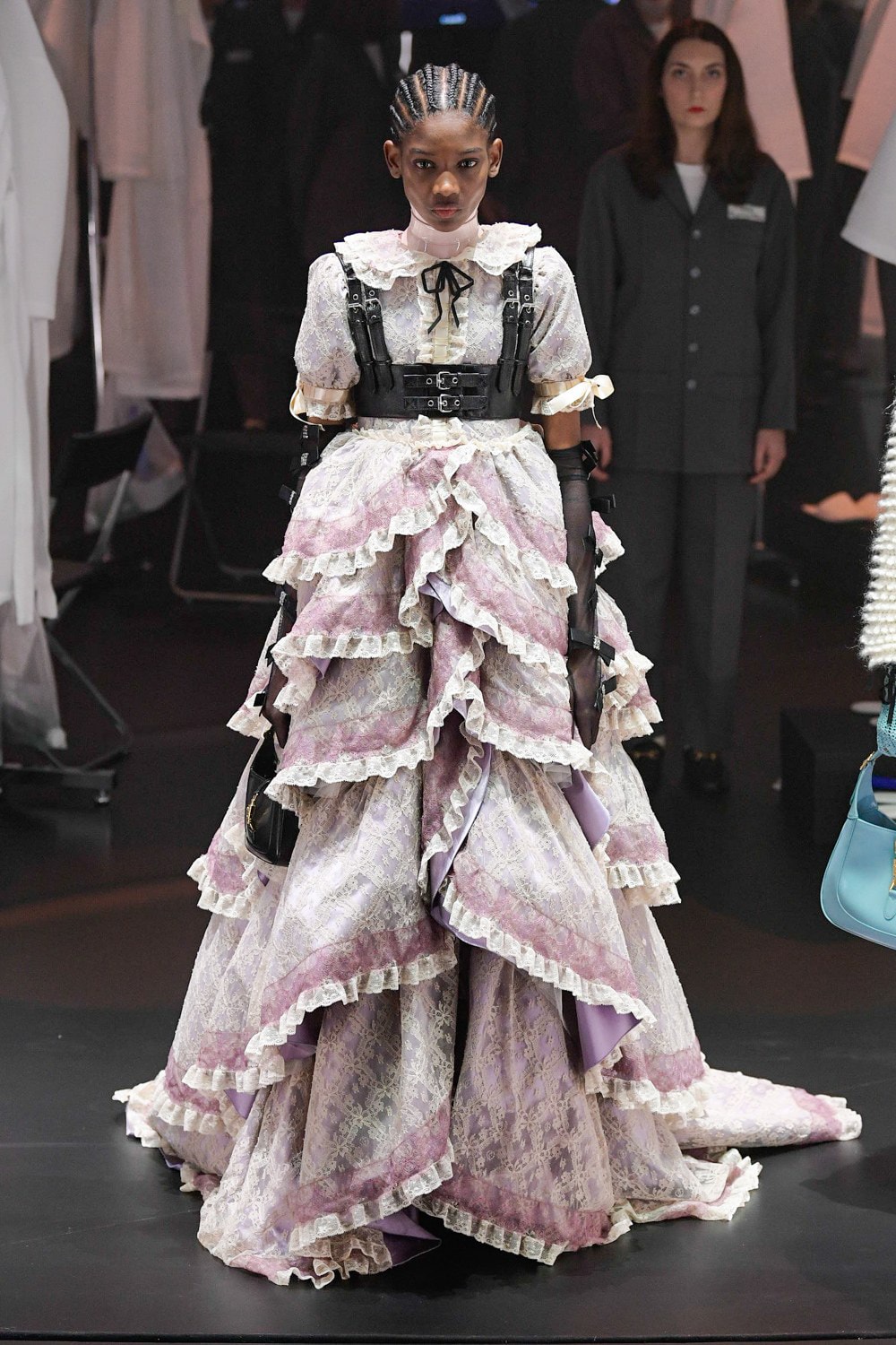 Gucci Fall/Winter 2020 Collection Runway Show Tiered Ruffle Gown Lace White Pink