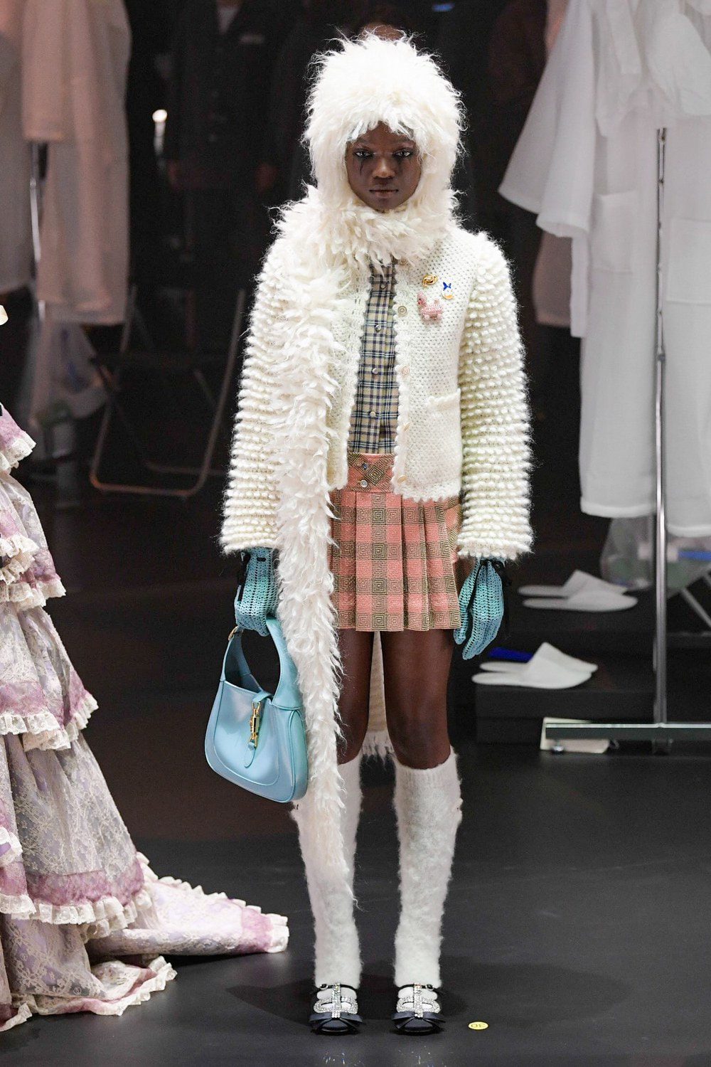 Gucci Fall/Winter 2020 Collection Runway Show Furry Scarf White Skirt Plaid