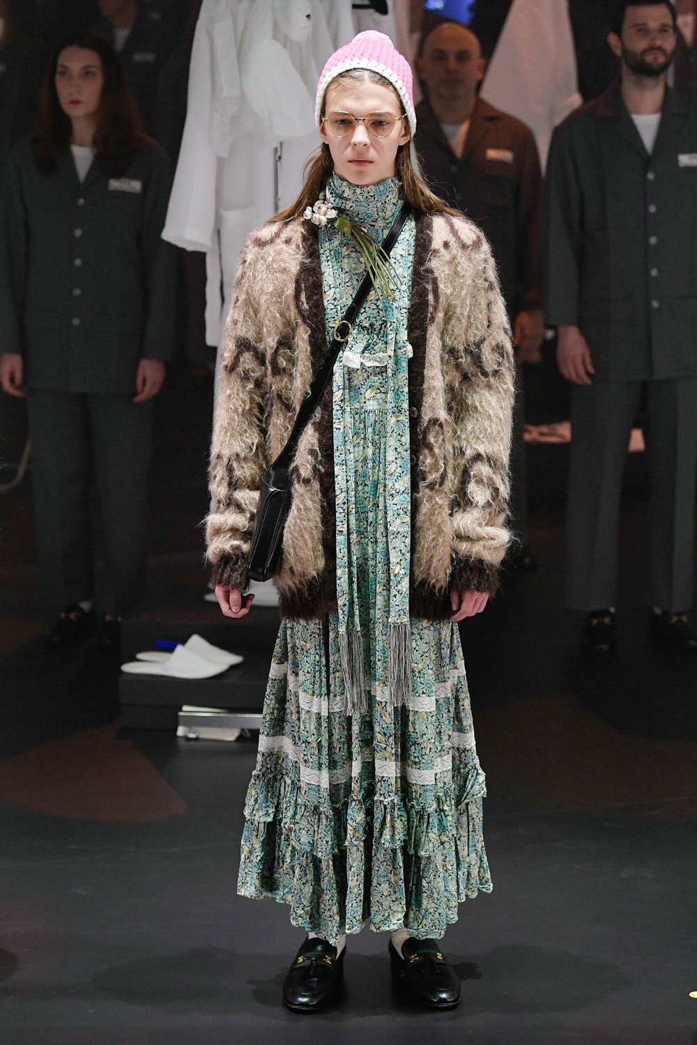 Gucci Fall/Winter 2020 Collection Runway Show Floral Dress Green Cardigan Brown