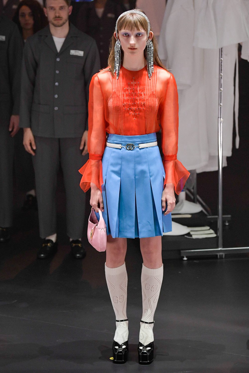 Gucci Fall/Winter 2020 Collection Runway Show Pleated Skirt Blue Sheer Top Red