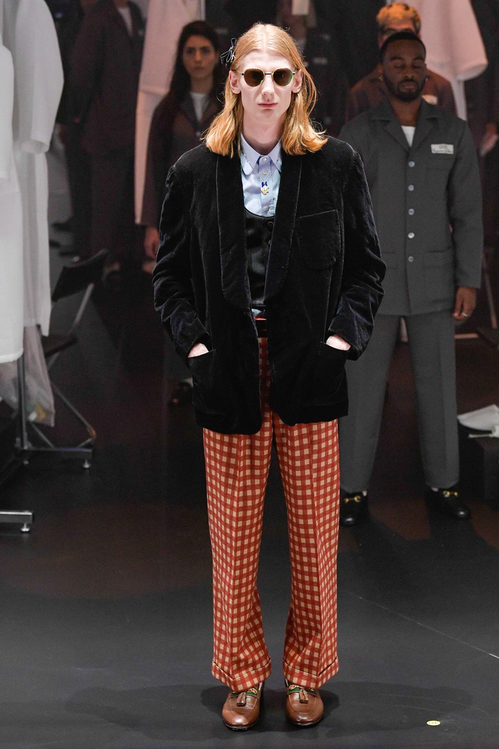 Gucci Fall/Winter 2020 Collection Runway Show Velvet Jacket Black Plaid Pants Red