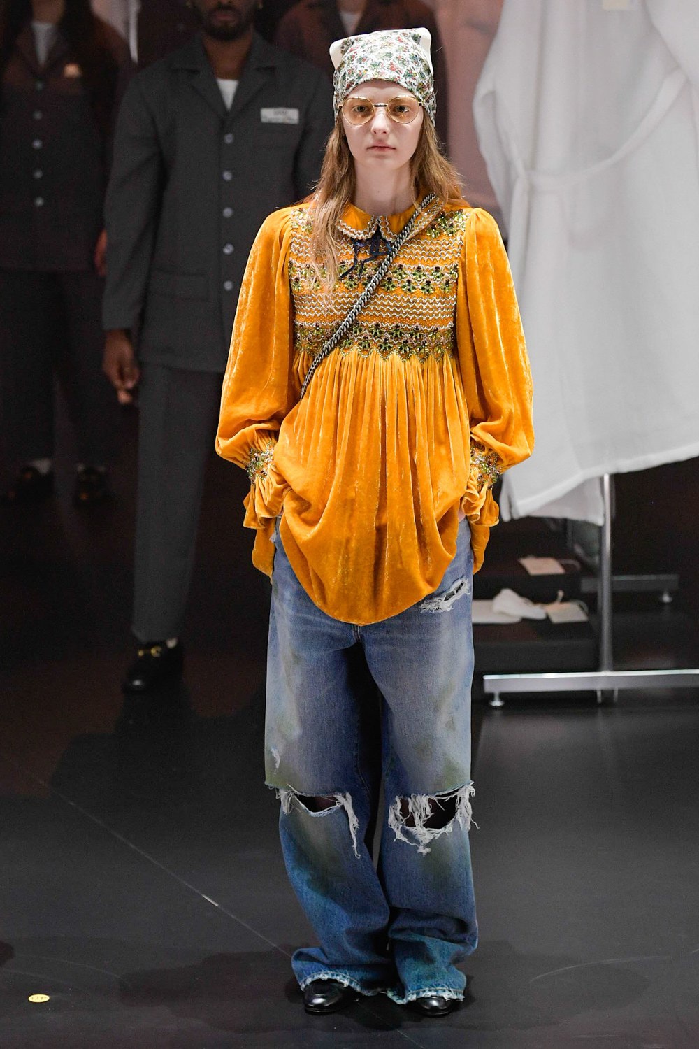 Gucci Fall/Winter 2020 Collection Runway Show Velvet Smock Blouse Orange
