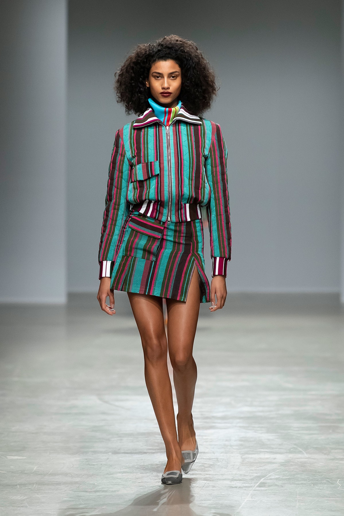 Kenneth Ize Fall/Winter 2020 Collection Runway Show Bomber Jacket Mini Skirt Stripe