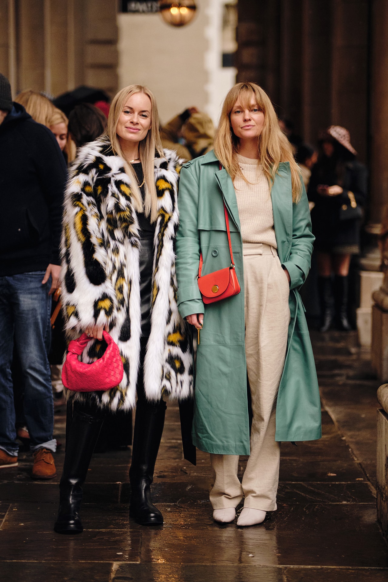 Jeanette Madsen Thora Valdimars Danish Street Style London Fashion Week Fall Winter 2020 Faux Fur Coat Green Trench Bottega Veneta Pink BV Jodie Bag