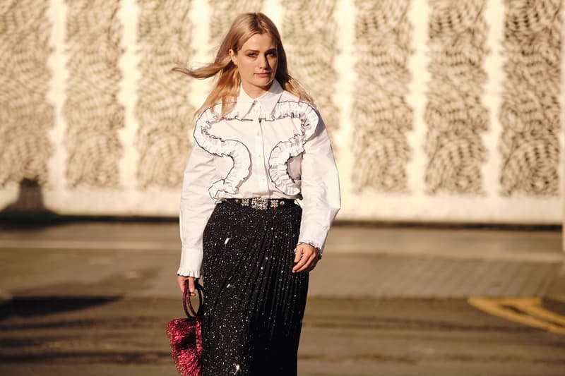 Street Style London Fashion Week Fall Winter 2020 white ruffle shirt