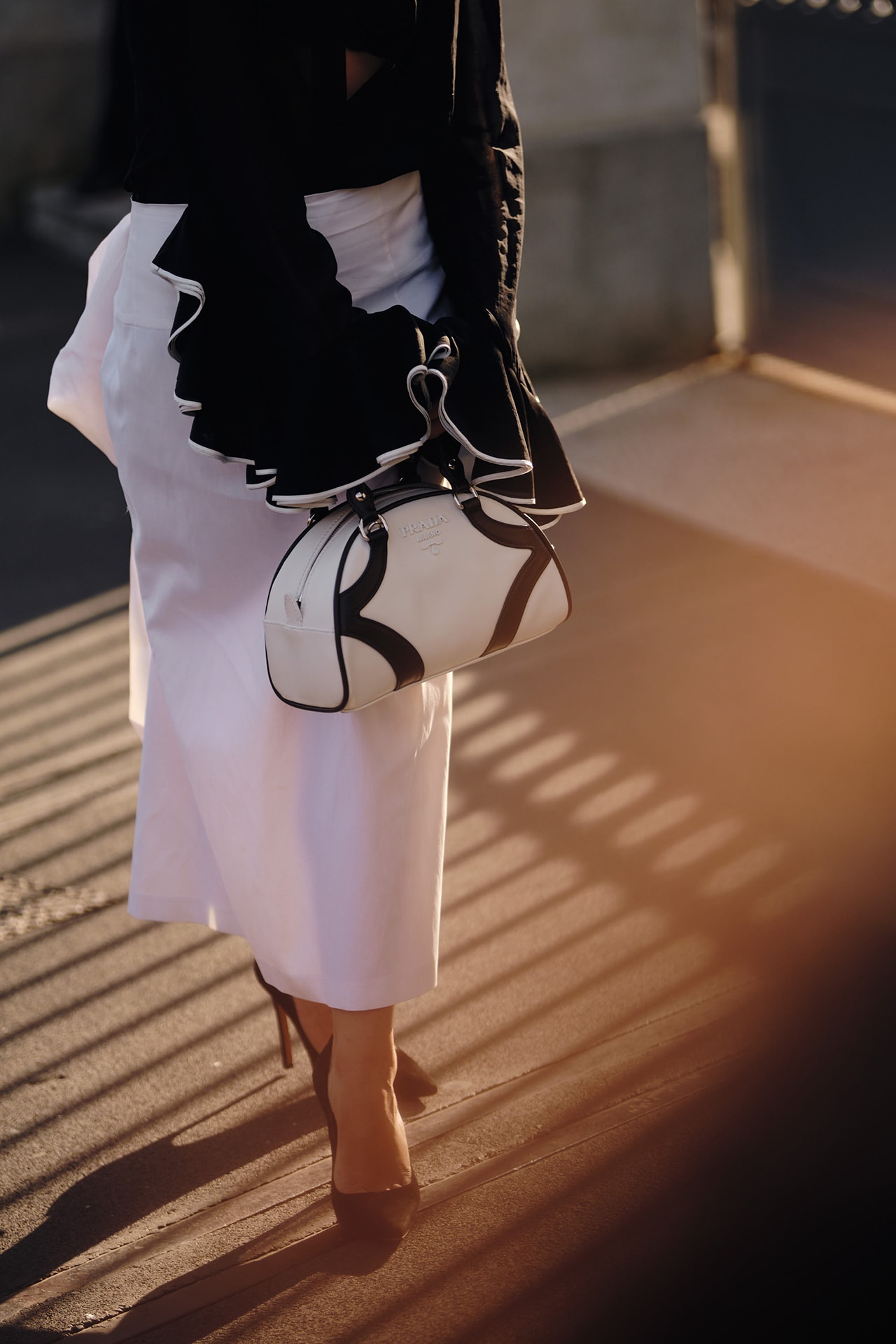 Prada Bowling Bag White Black Street Style Trends Milan Fashion Week Fall Winter 2020 FW20 Influencer