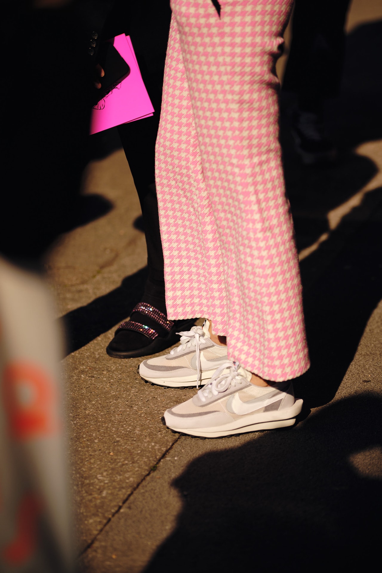 Sacai Nike Daybreak LDwaffle sneaker white grey pink pants Street Style Trends Milan Fashion Week Fall Winter 2020 FW20 Influencer