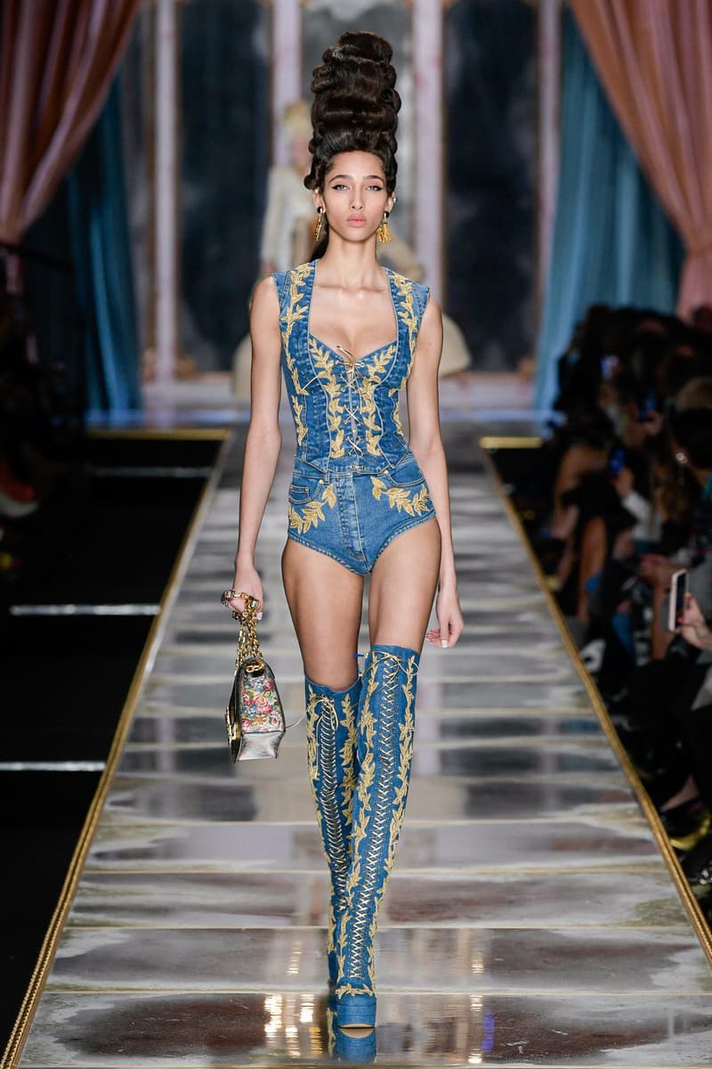 Moschino Fall/Winter 2020 Collection Runway Show Denim Dress Denim Corset Underwear