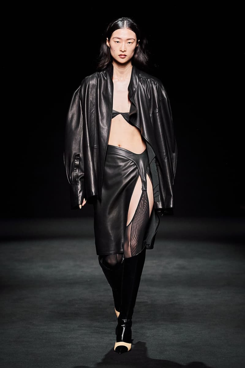 Mugler Fall/Winter Collection Runway Show Leather Jacket Skirt Black Bra