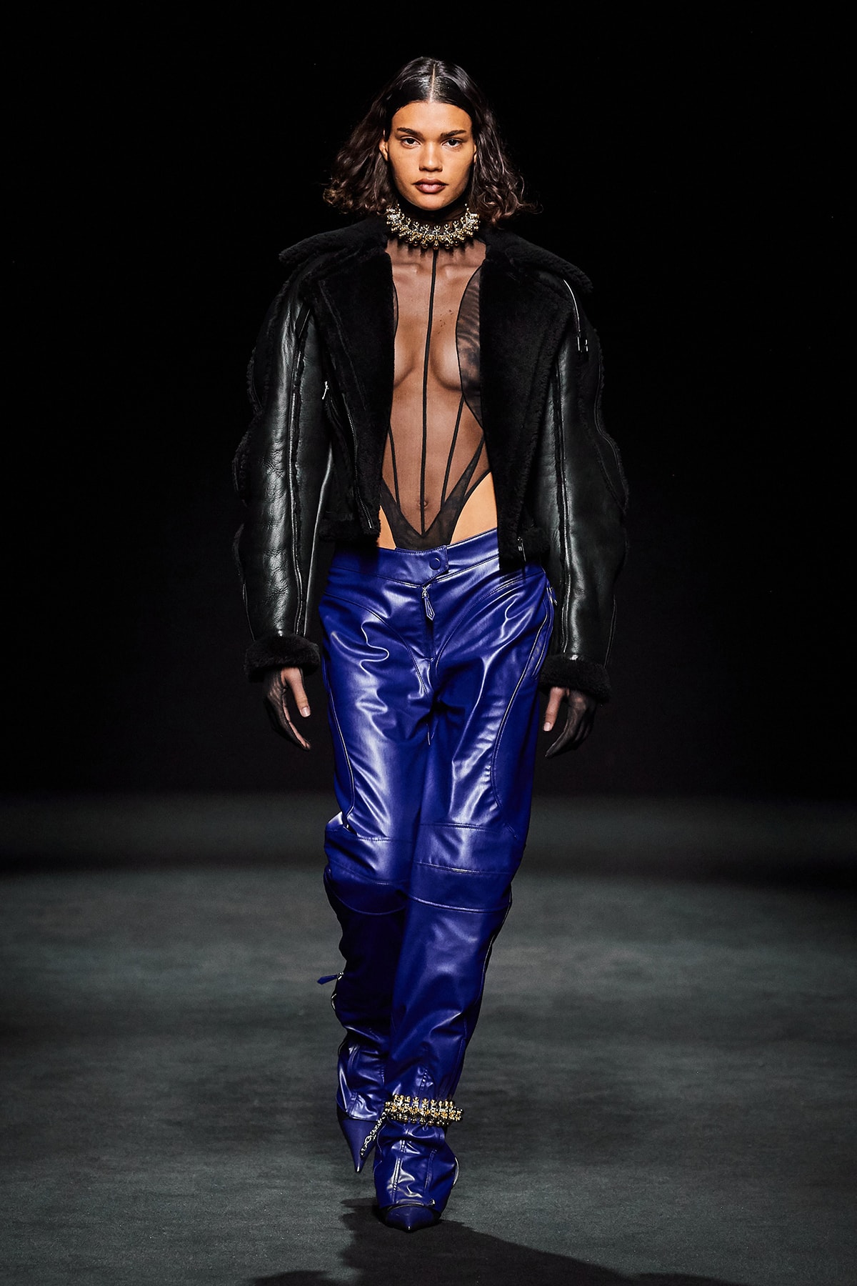 Mugler Fall/Winter Collection Runway Show Bodysuit Black Leather Pants Blue