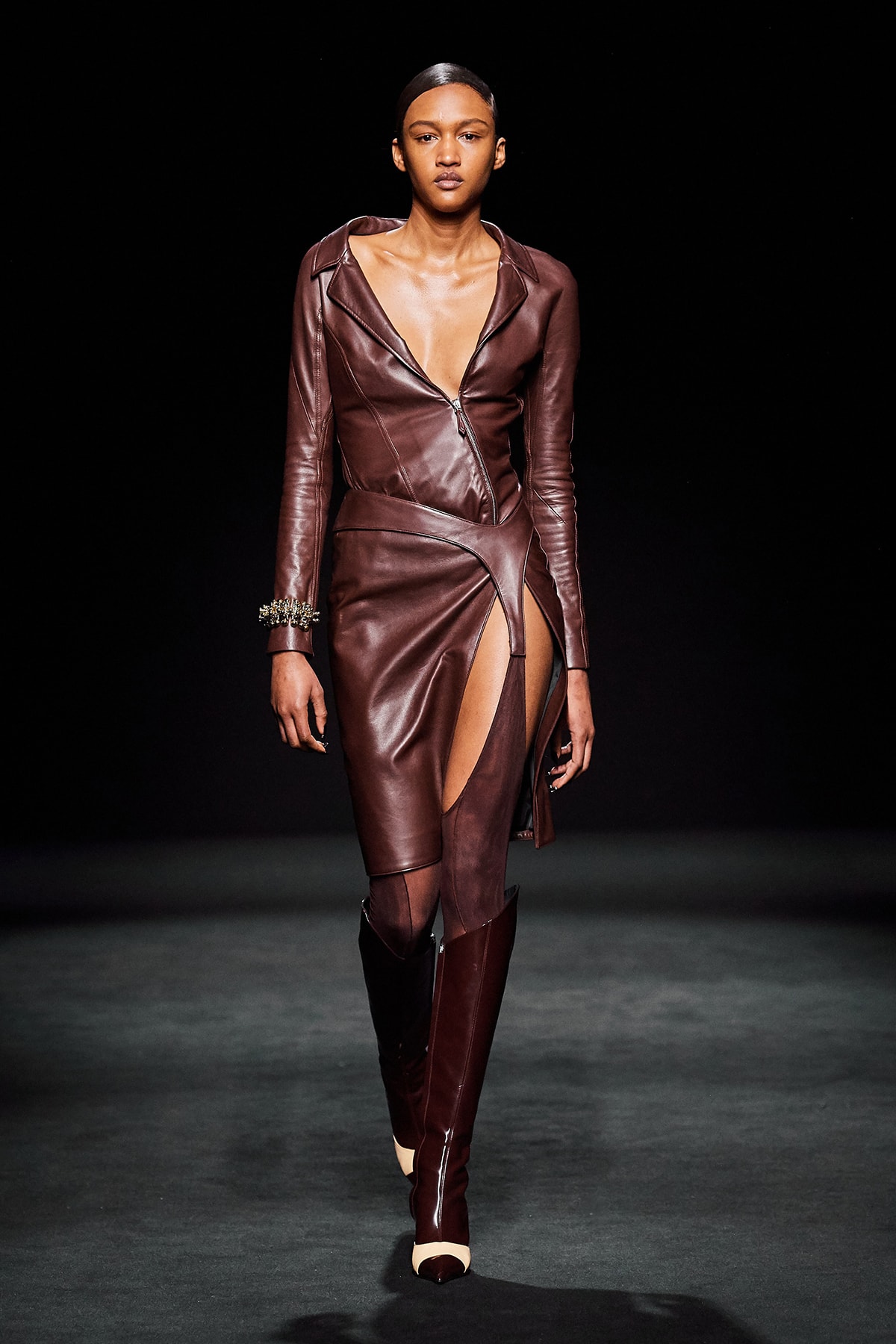Mugler Fall/Winter Collection Runway Show Leather Dress Garter Brown