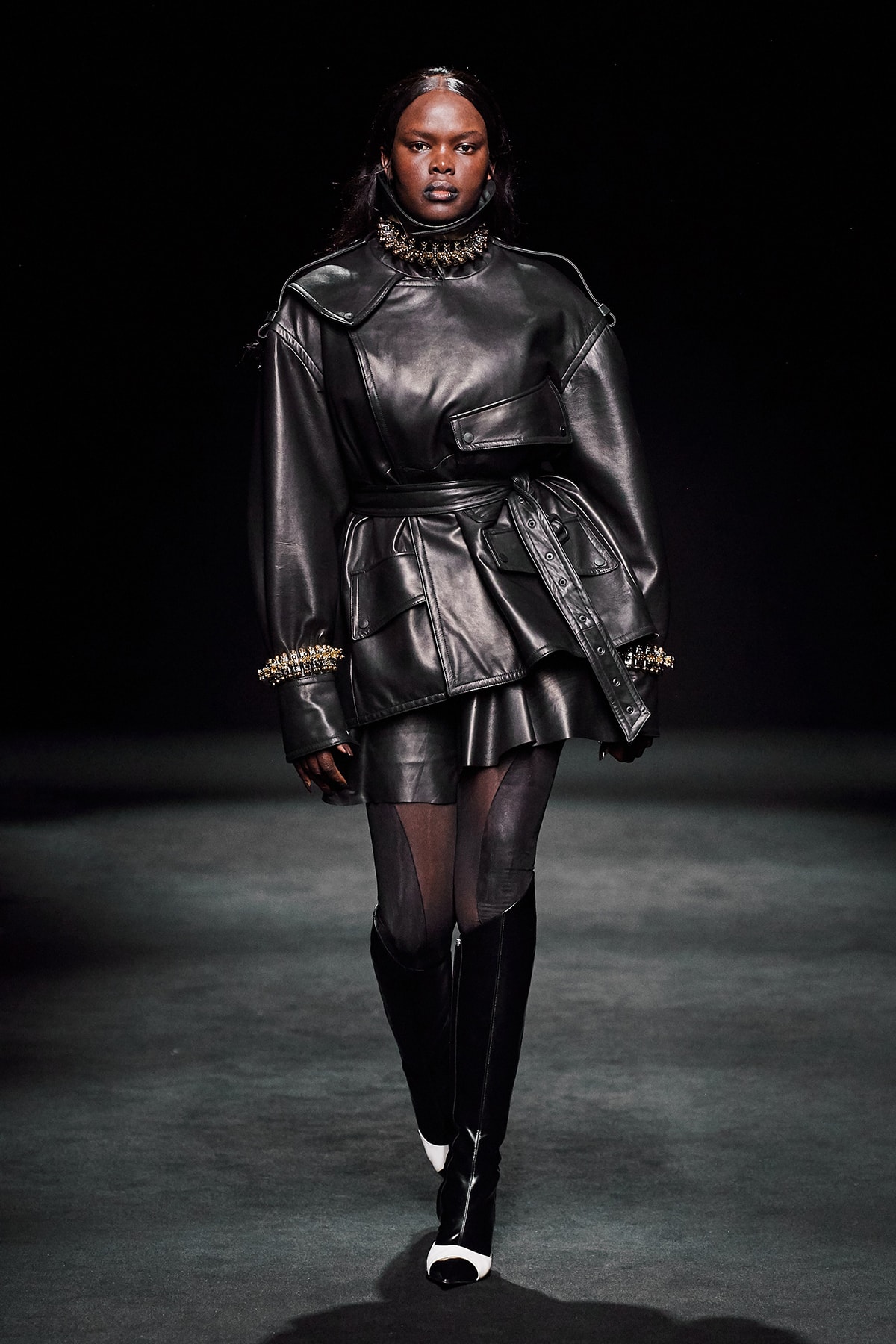 Mugler Fall/Winter Collection Runway Show Leather Jacket Skirt Black