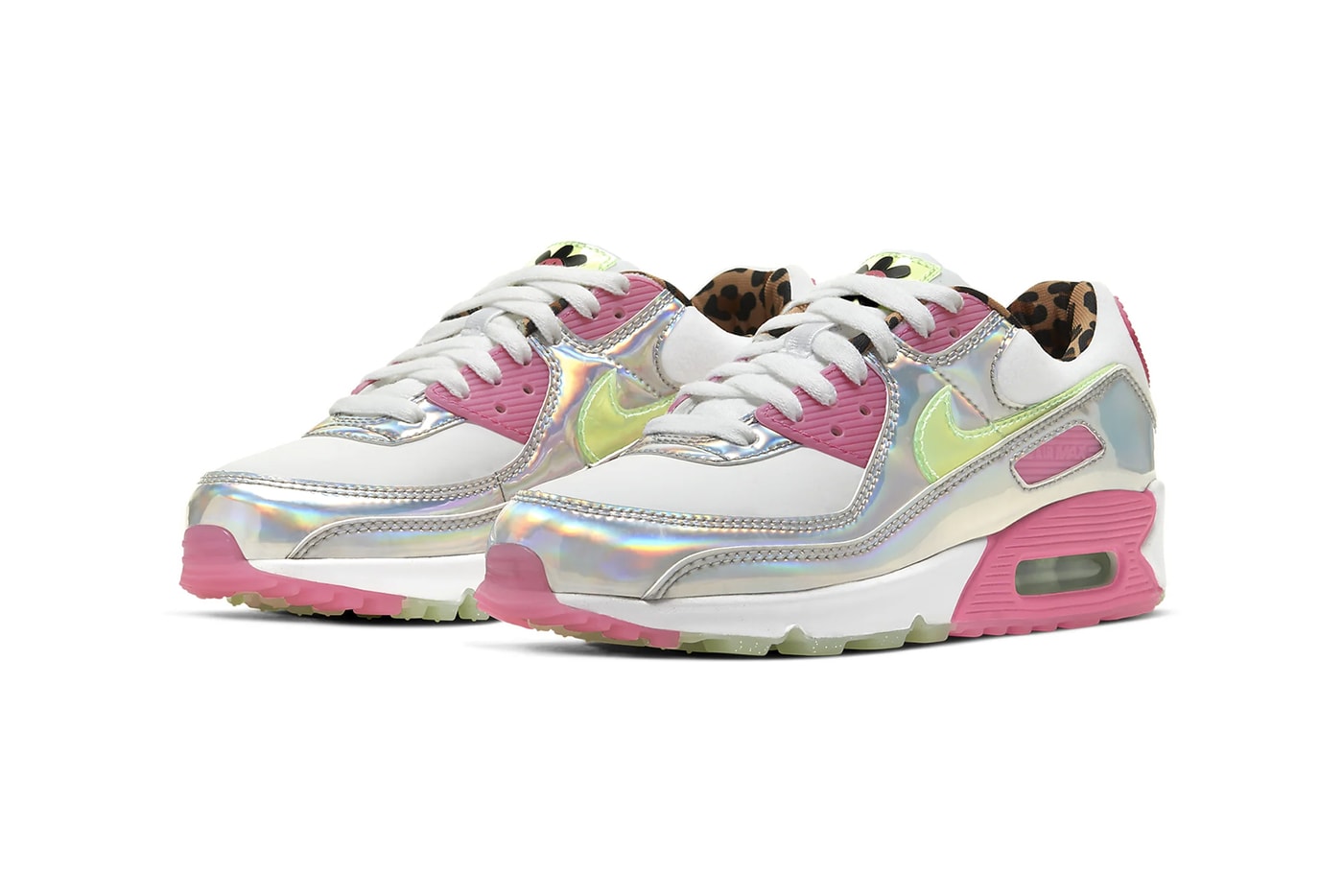 nike air max 90 womens sneakers pink fuchsia white green holographic silver metallic shoes footwear sneakerhead
