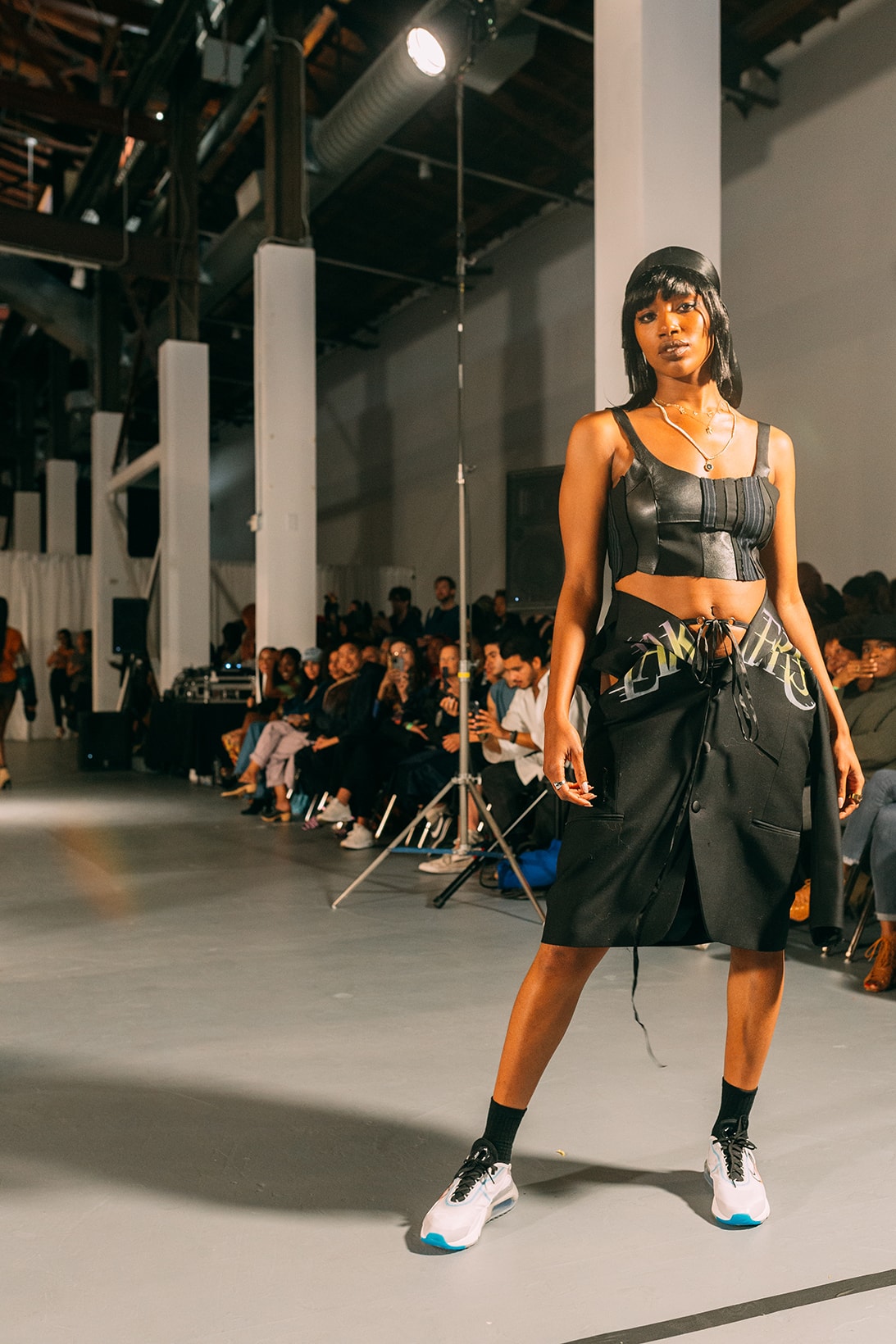 no sesso pierre davis arin hayes autumn randolph fall winter collection los angeles runway show crop top skirt sneakers