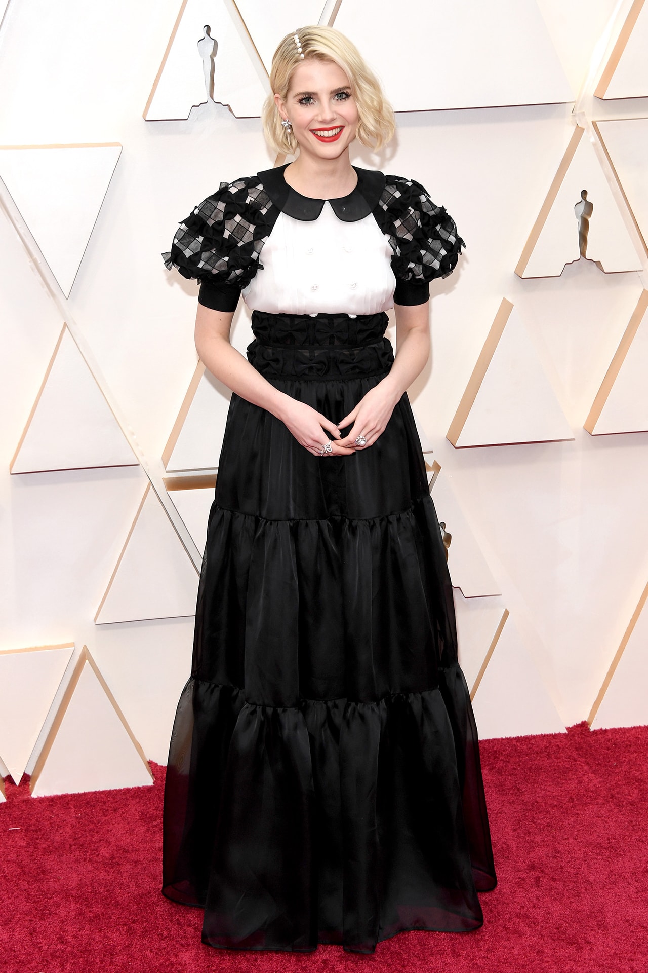 Lucy Boynton Oscars Red Carpet 92nd Annual Academy Awards Dress Black White