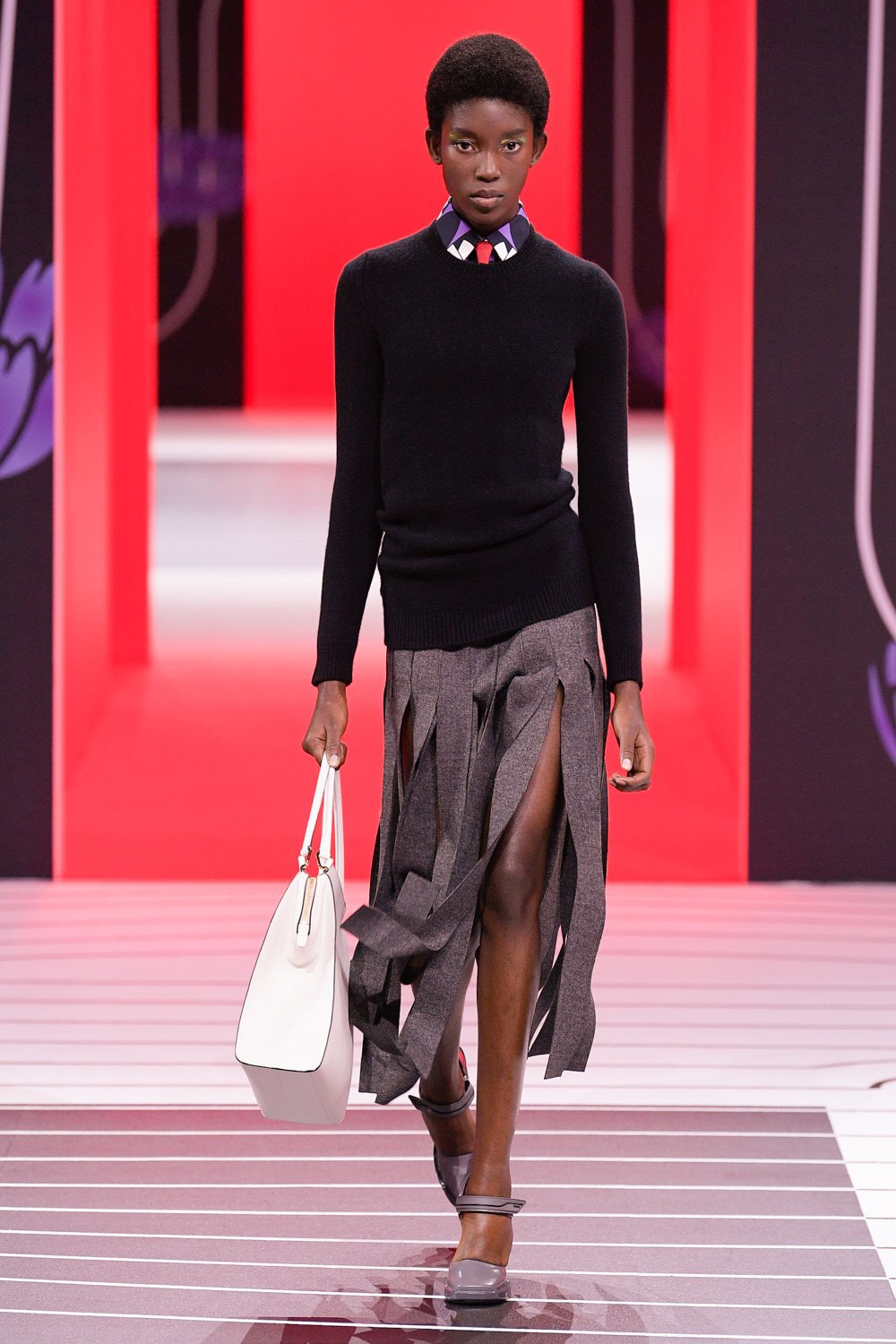 Prada Fall/Winter 2020 Collection Runway Show Sweater Black Fringe Skirt Grey