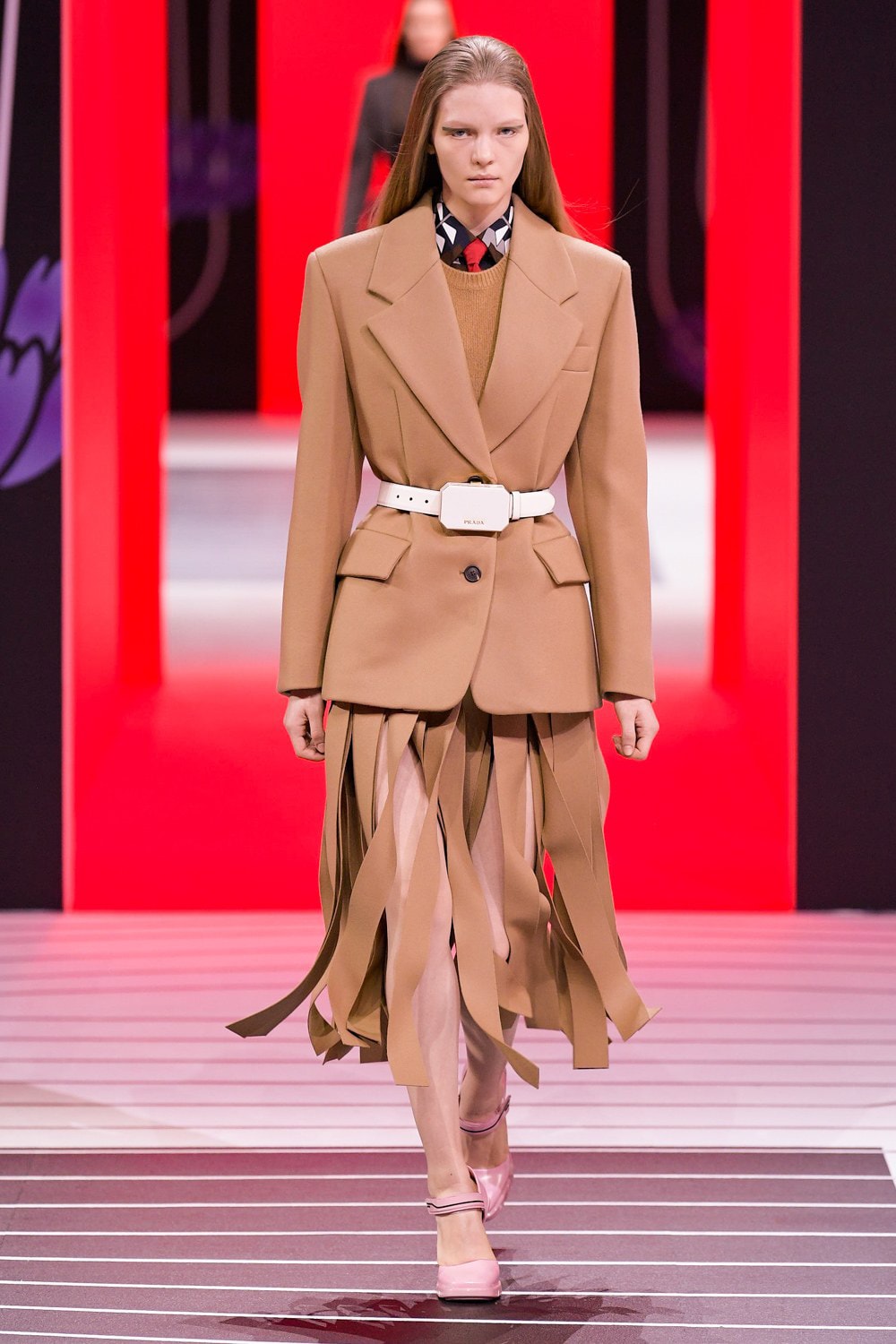 Prada Fall/Winter 2020 Collection Runway Show Fringe Skirt Jacket Brown